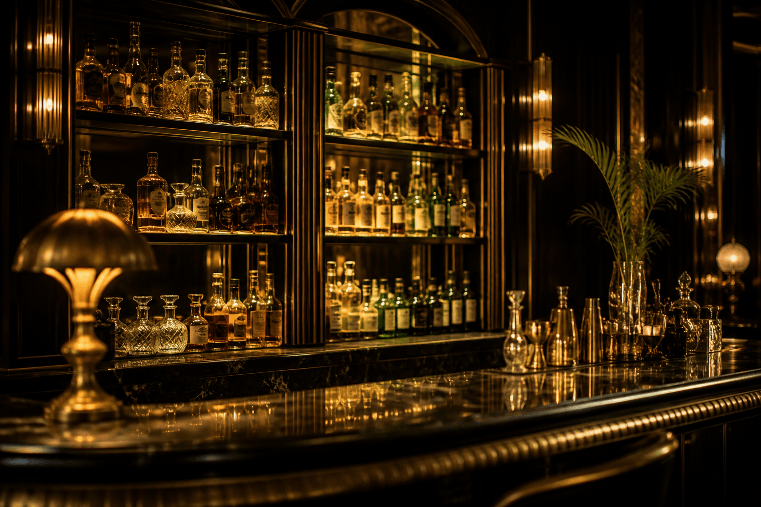 Bar iluminado, estantería de botellas